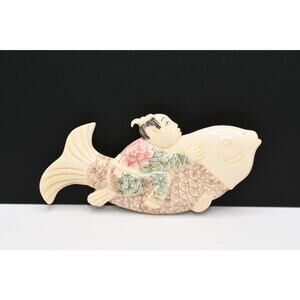 Vintage Carved Koi Fish Brooch Asian Figure Celluloid 3”
